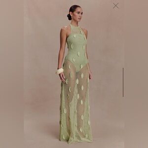 Meshki Elfie Green crochet maxi halter dress